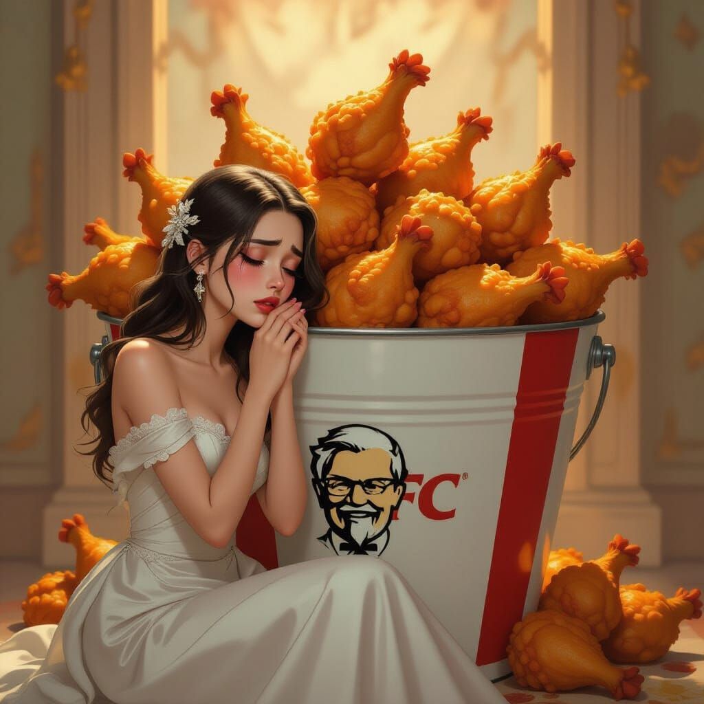 Emotional Woman Cries Over KFC Bucket in Nostalgic Style