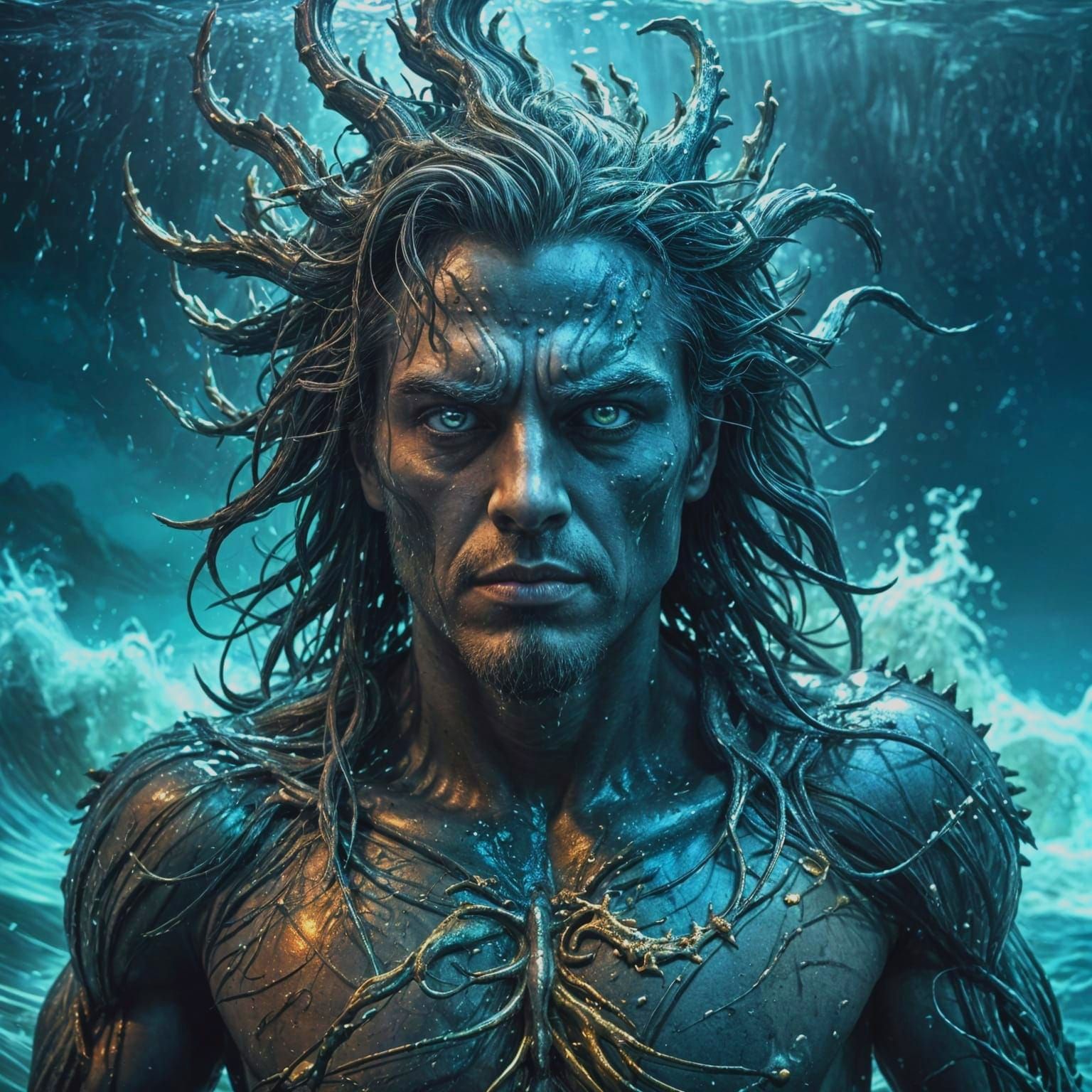 Hyper-Realistic Poseidon Emerges from Dark Stormy Ocean