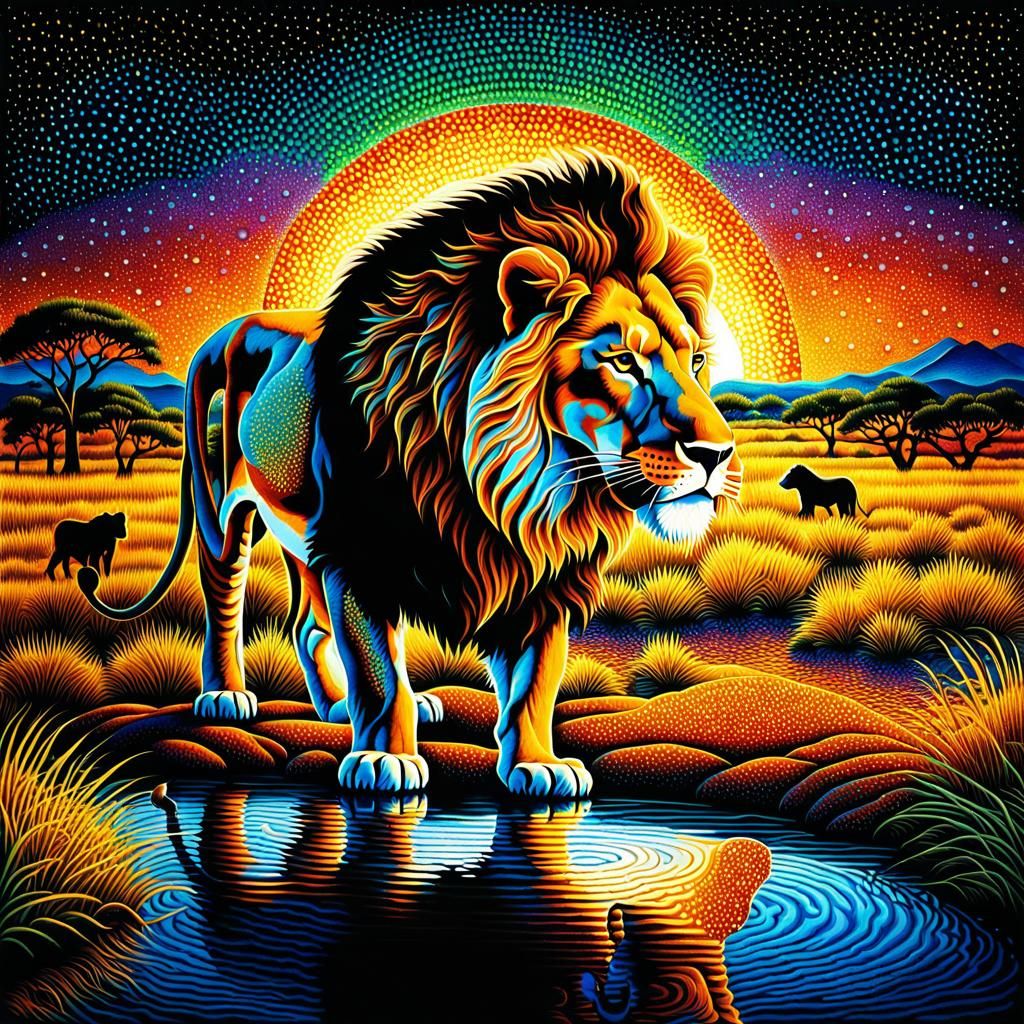 Lion at Watering Hole in Pointillism Style
