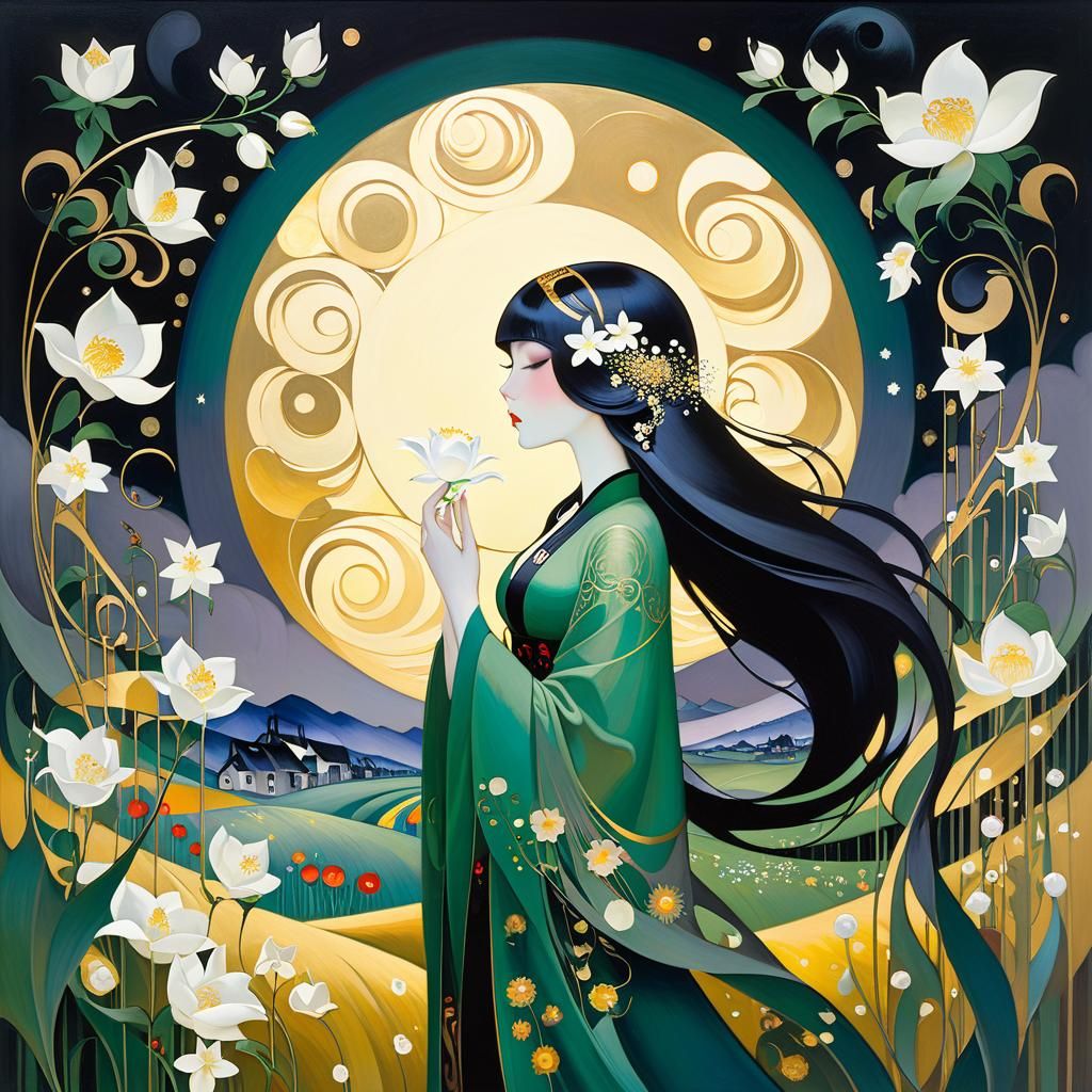 Owl, Moon, and Lotus Flower in Emotive Art Style