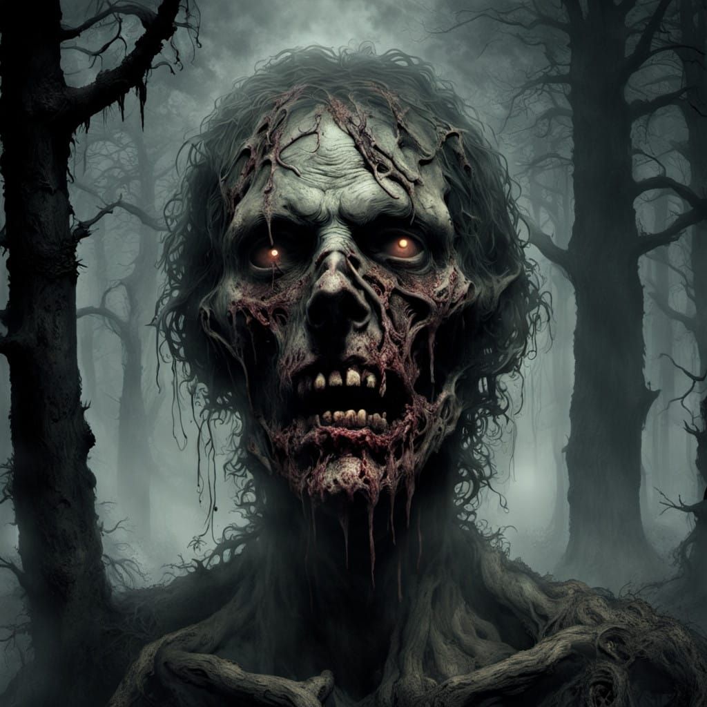 Zombie in the Woods, Horror Art in a Dark Cyberpunk Aestheti...