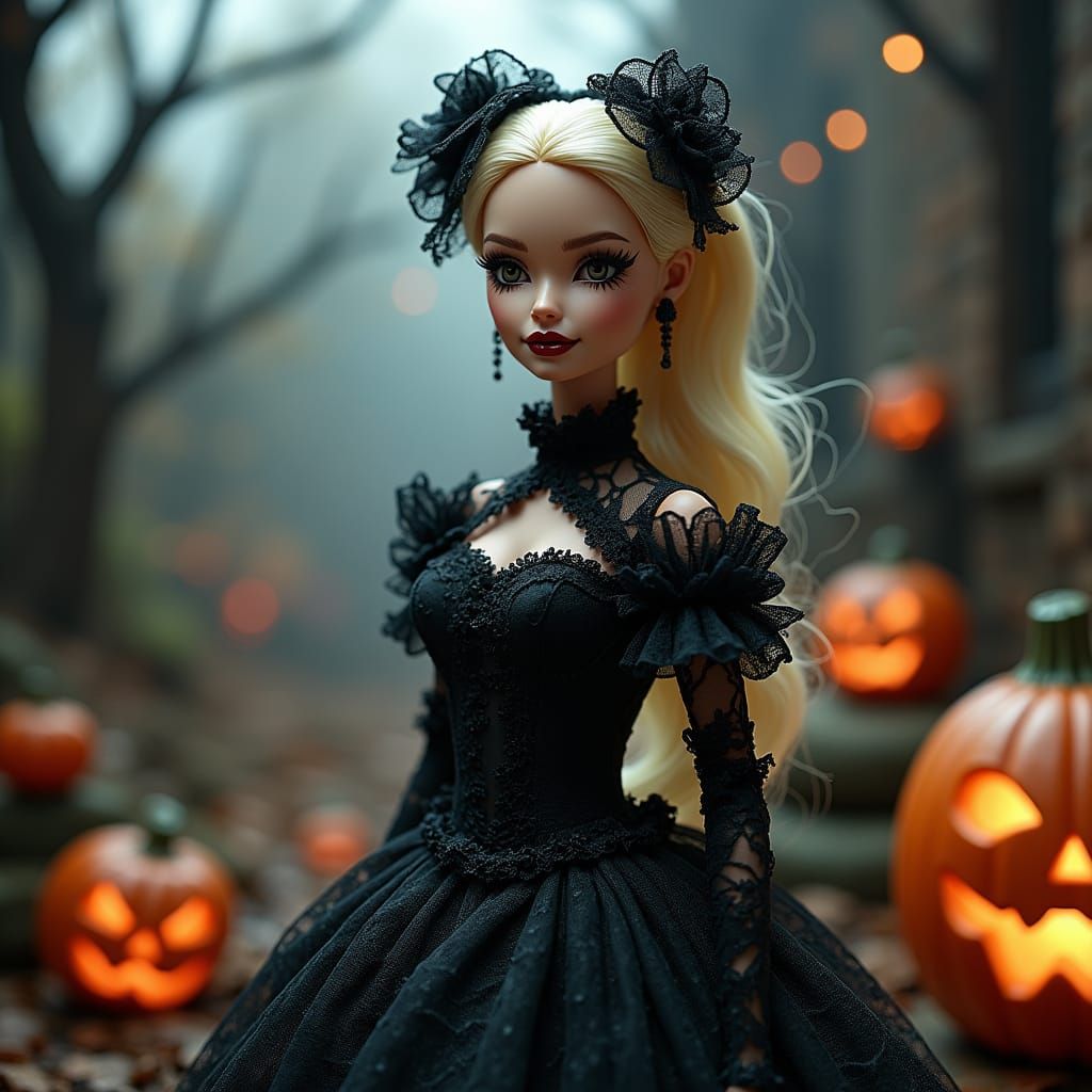 Gothic Barbie in Halloween Town, Dark Fantasy Art