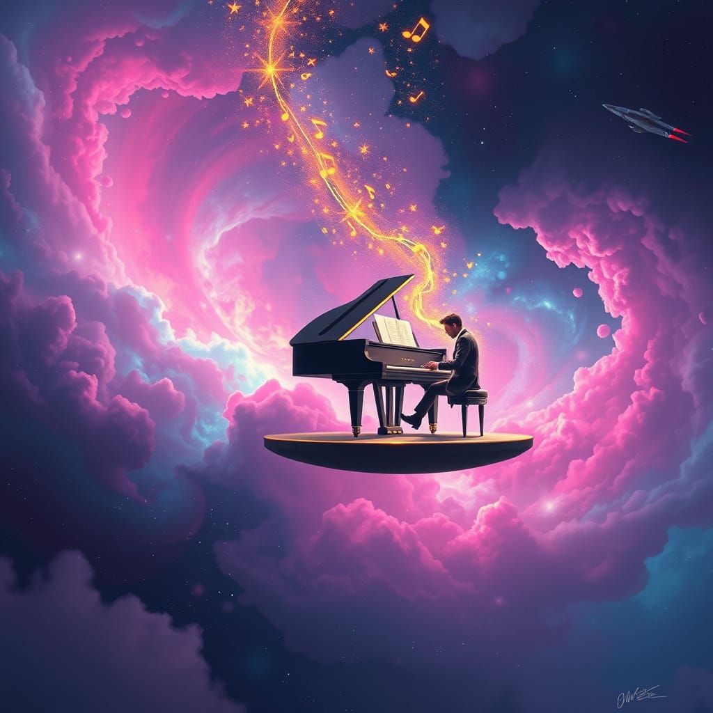 Surreal Musician Plays Piano in Colorful Nebula