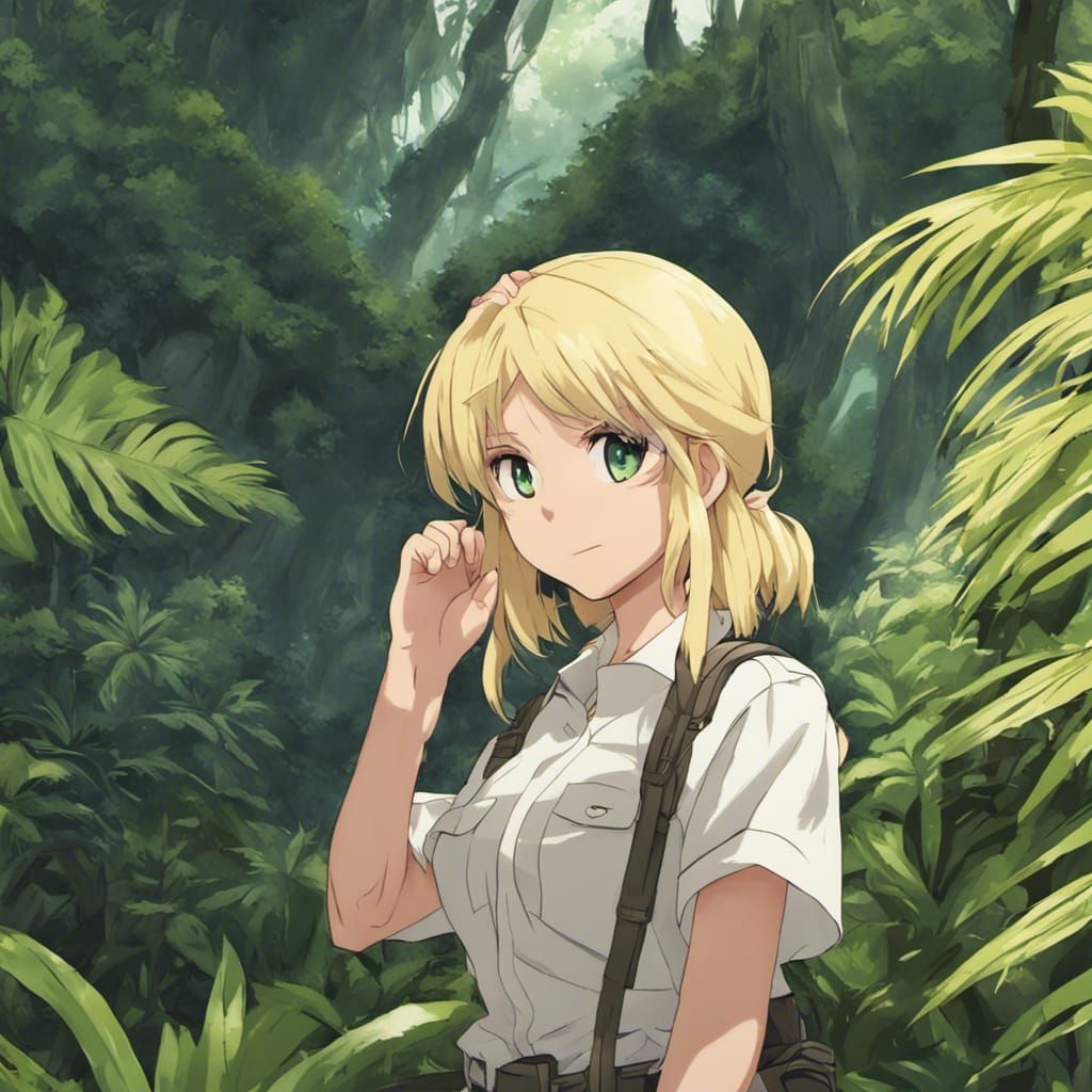 Blonde Woman Exploring Jungle in Anime Style