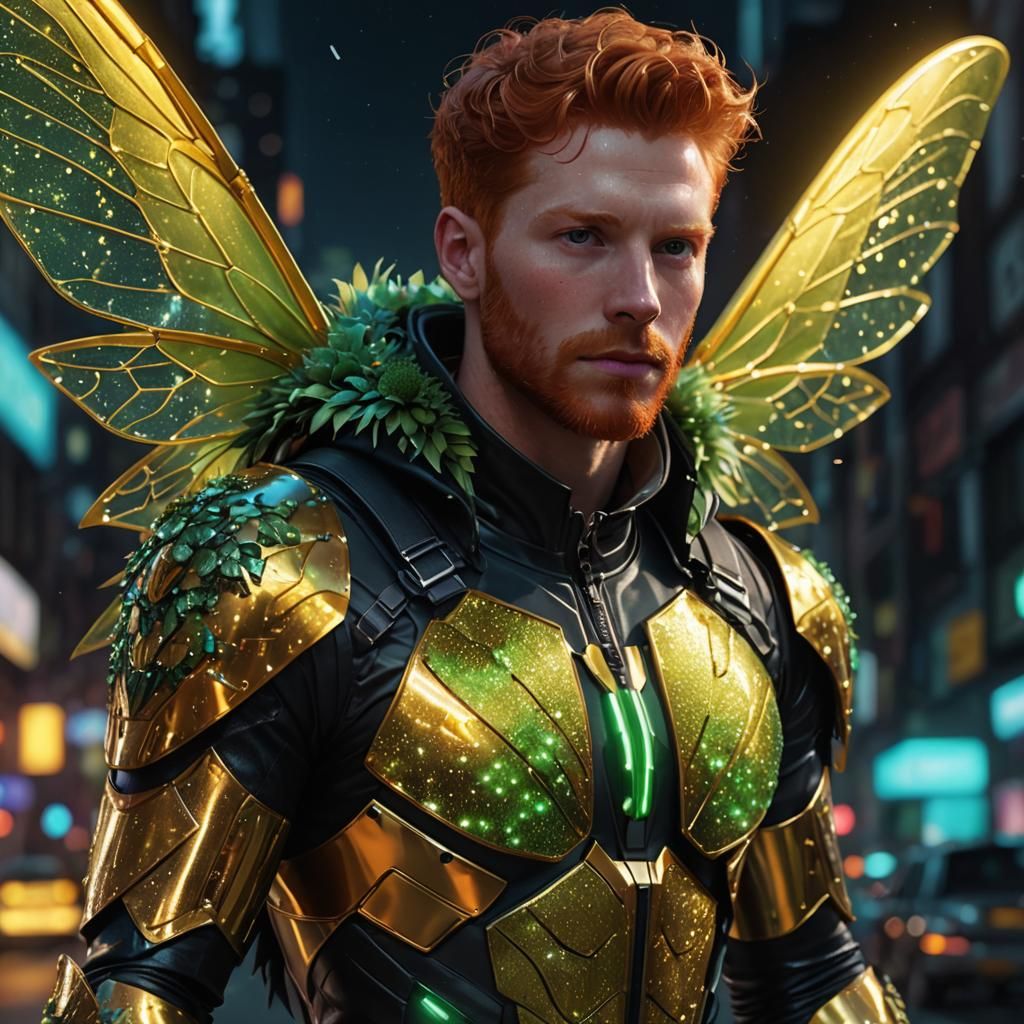 Redhead Male with Beetle Wings Flying, in Digital Art