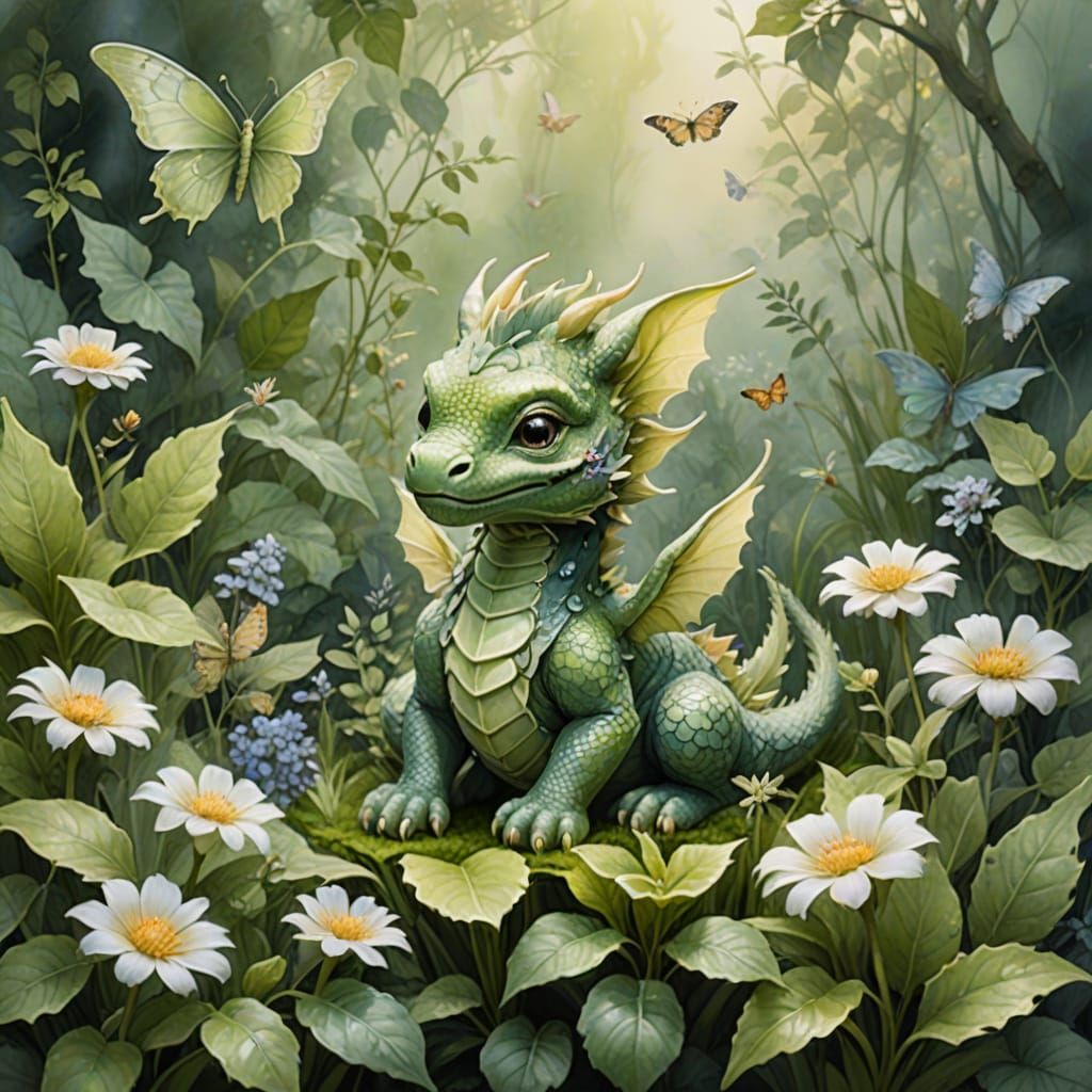 Baby Dragon in Misty Watercolor Garden