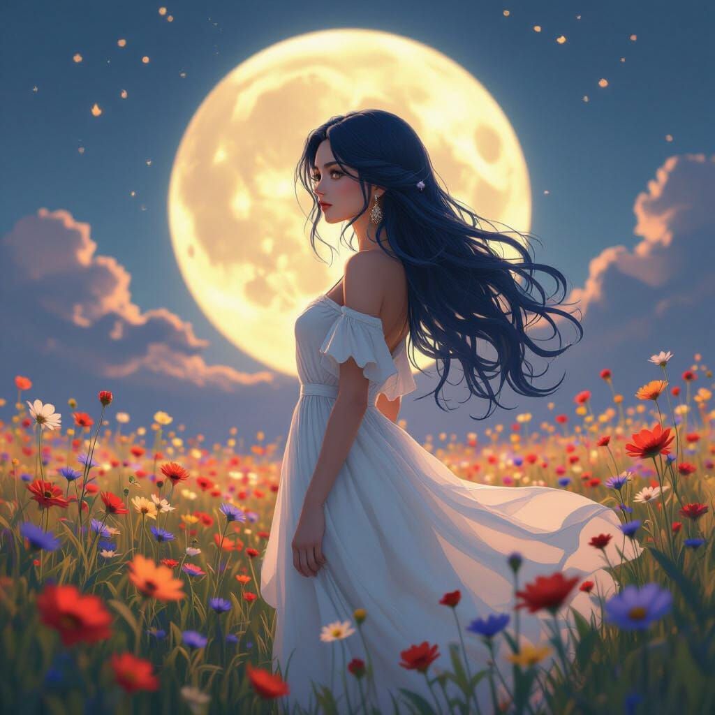 Woman in Wildflower Field Under Moonlight, in Anime Art Styl...