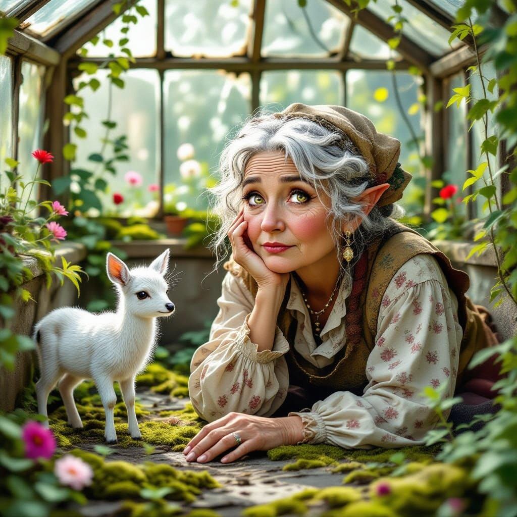 A weathered tired quirky female dwarf street painter with be...