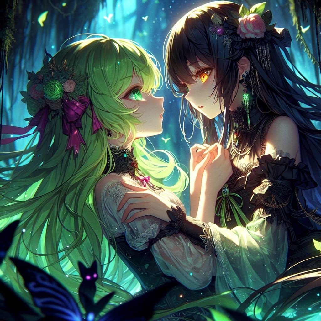 Anime Girls' Heartfelt Embrace in Fantasy Art