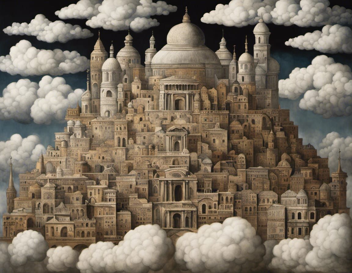 Ancient City in Clouds: Art Brut Baroque Illustration
