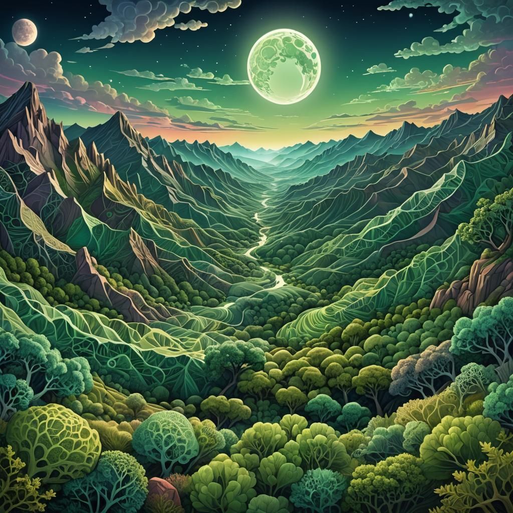 Surreal Valley Landscape with Full Moon: Digital Art