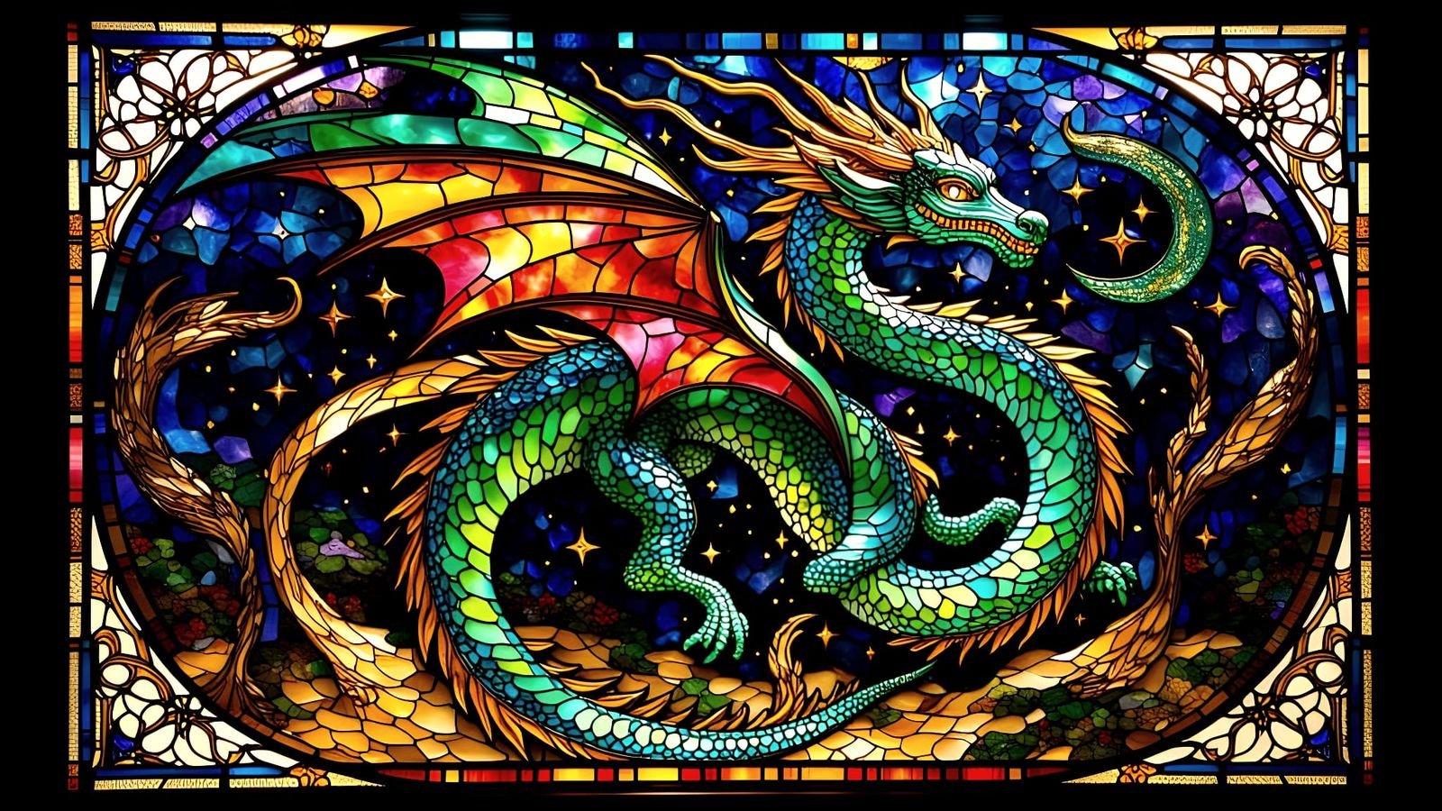 Celestial Dragon Stained Glass Window in Art Nouveau Style