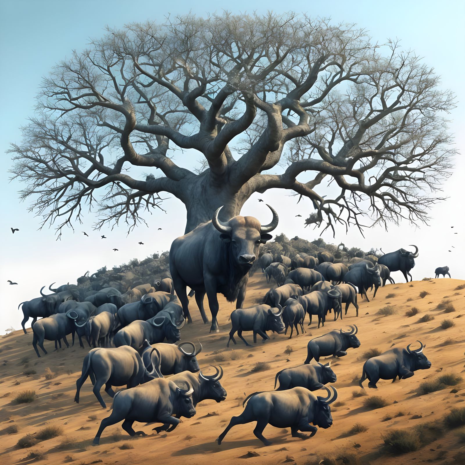 Surreal Swarm Approaches Buffalo in Sombre Light