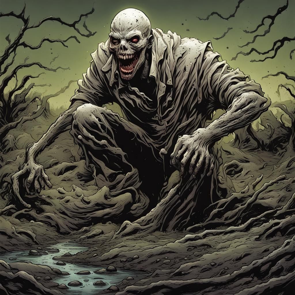 Mud-Covered Ghoul Howling in Comic Book Art