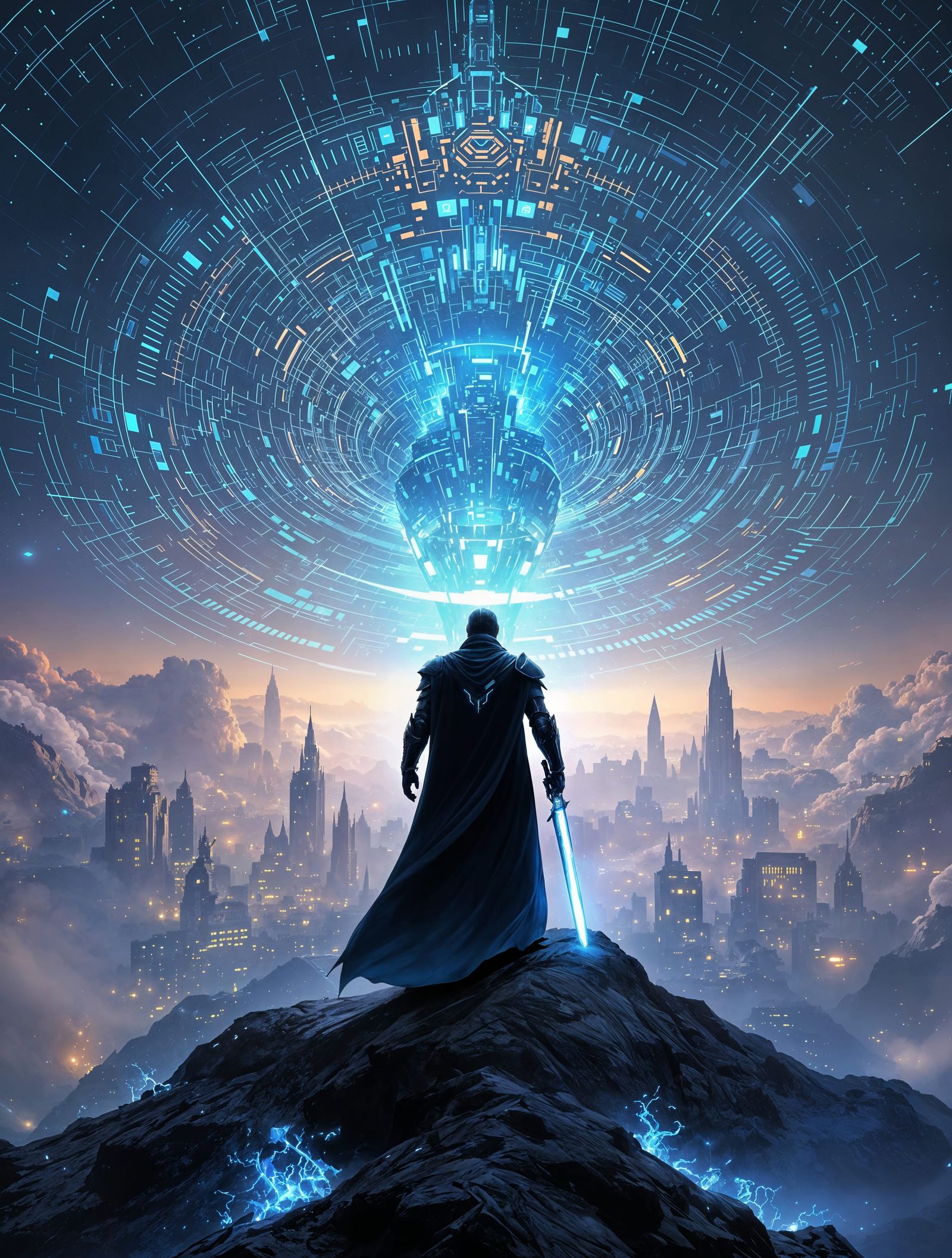 Futuristic Knight in Cyberpunk Digital Realm