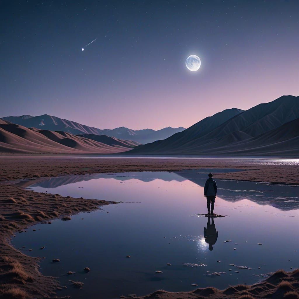 Desert Lake Under Moonlight: Serene Digital Art