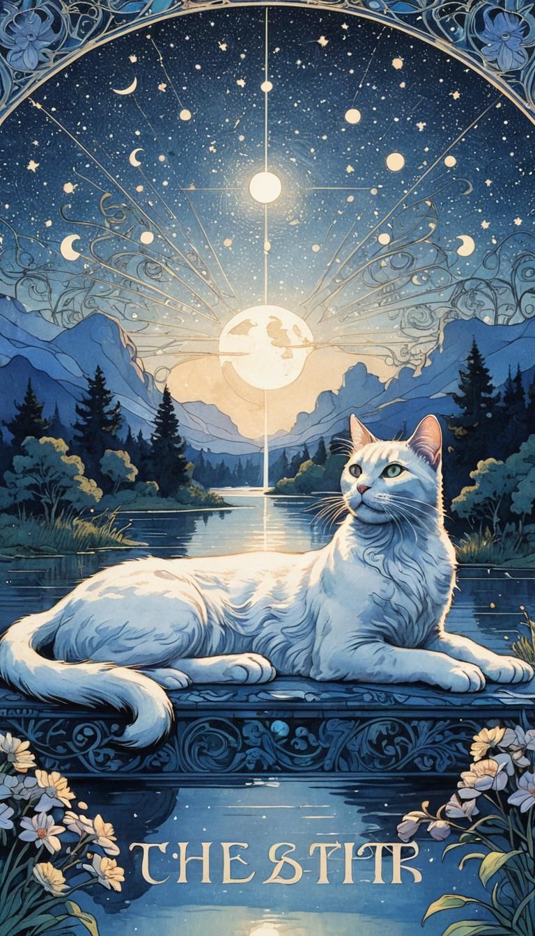 Art Nouveau Cats Under Crescent Moon