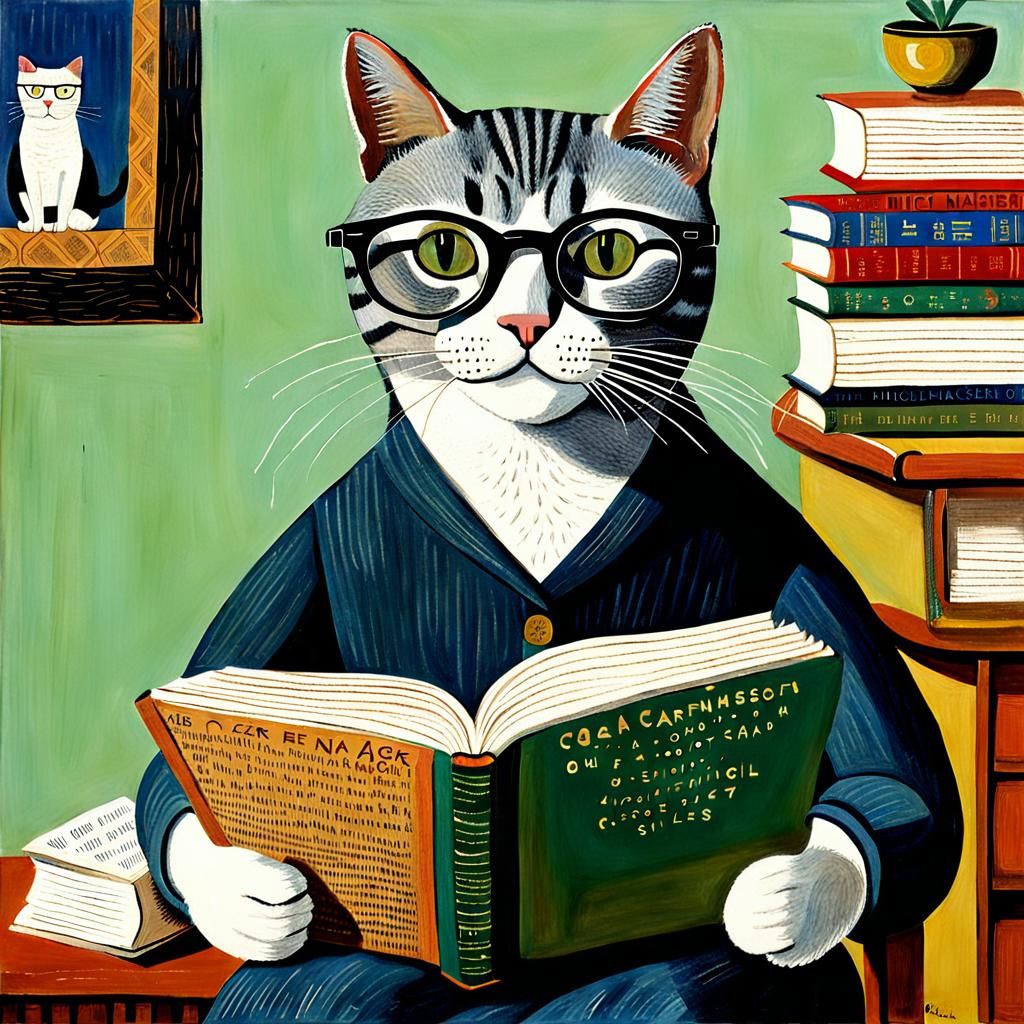 Cat Reading Book, Intricately Detailed Artwork