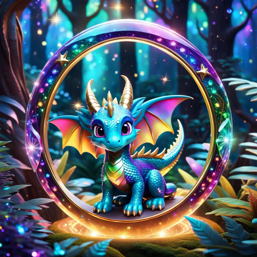 Adorable Baby Dragon in Cosmic Forest, 3D Render