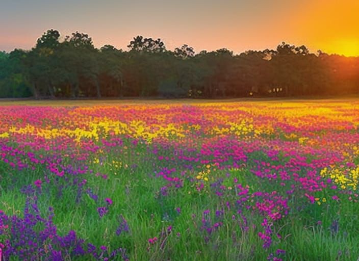 Watercolor Sunset Over Flower Meadow