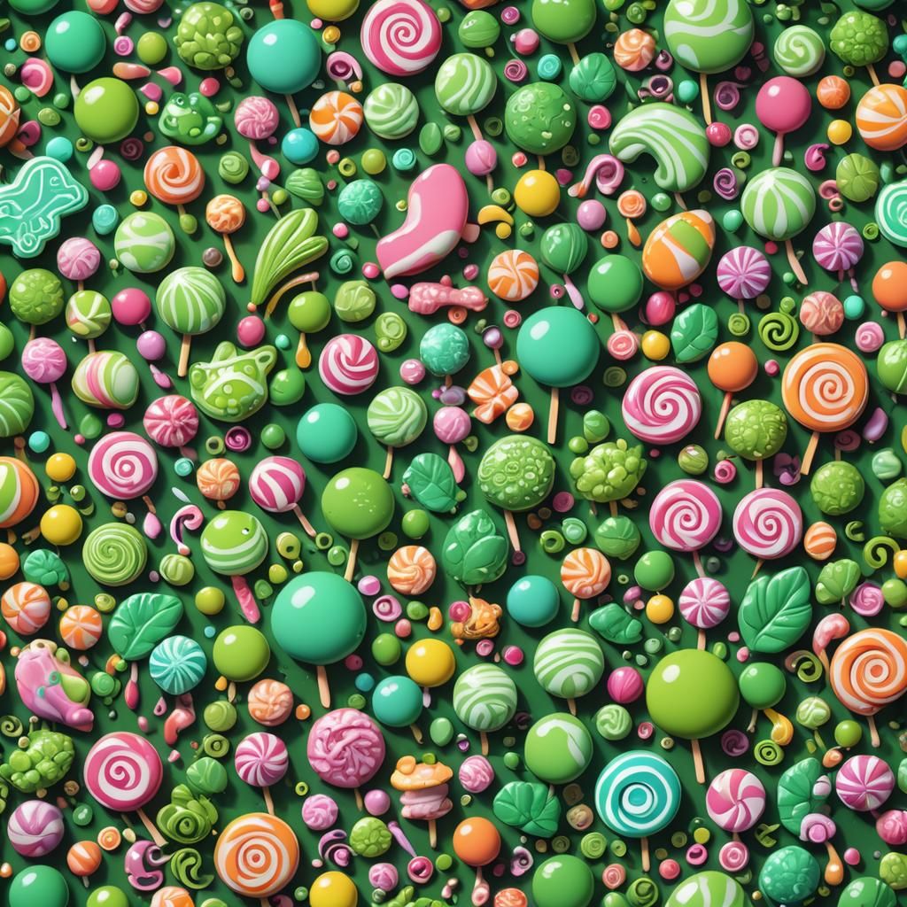 Candy World: Vibrant Green Frogs in 3D Digital Art