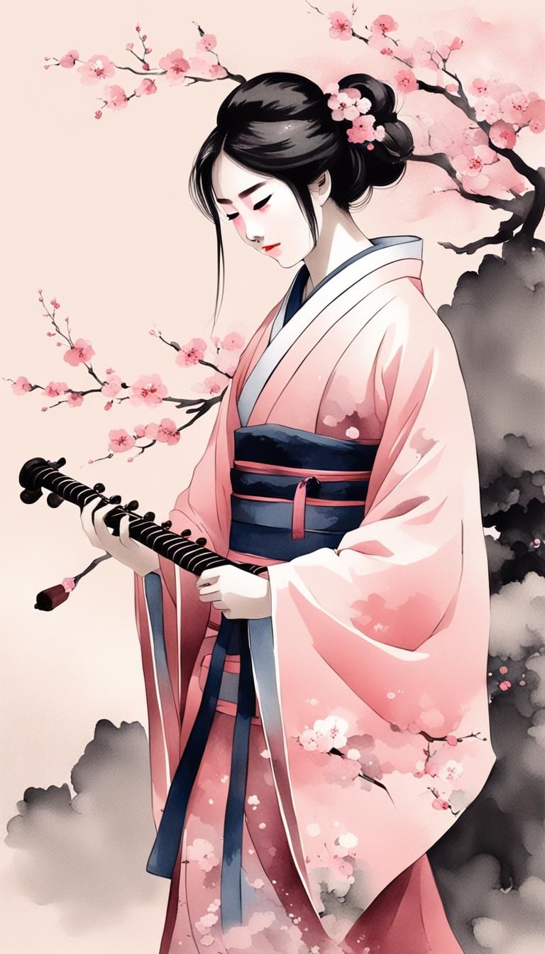 Girl in Kimono with Sakura: Chinese Ink Painting