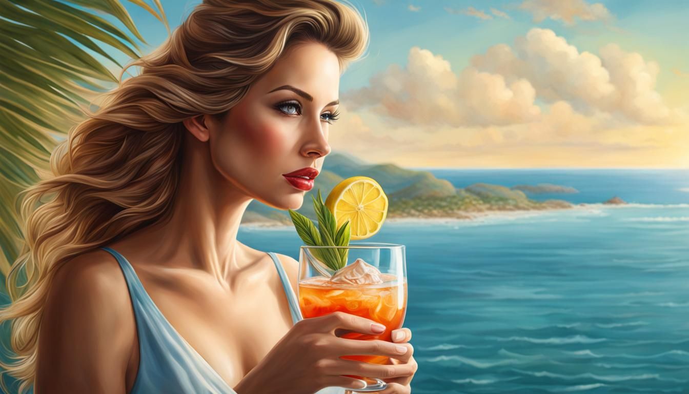 Hyperrealistic Woman with Cocktail Near the Sea