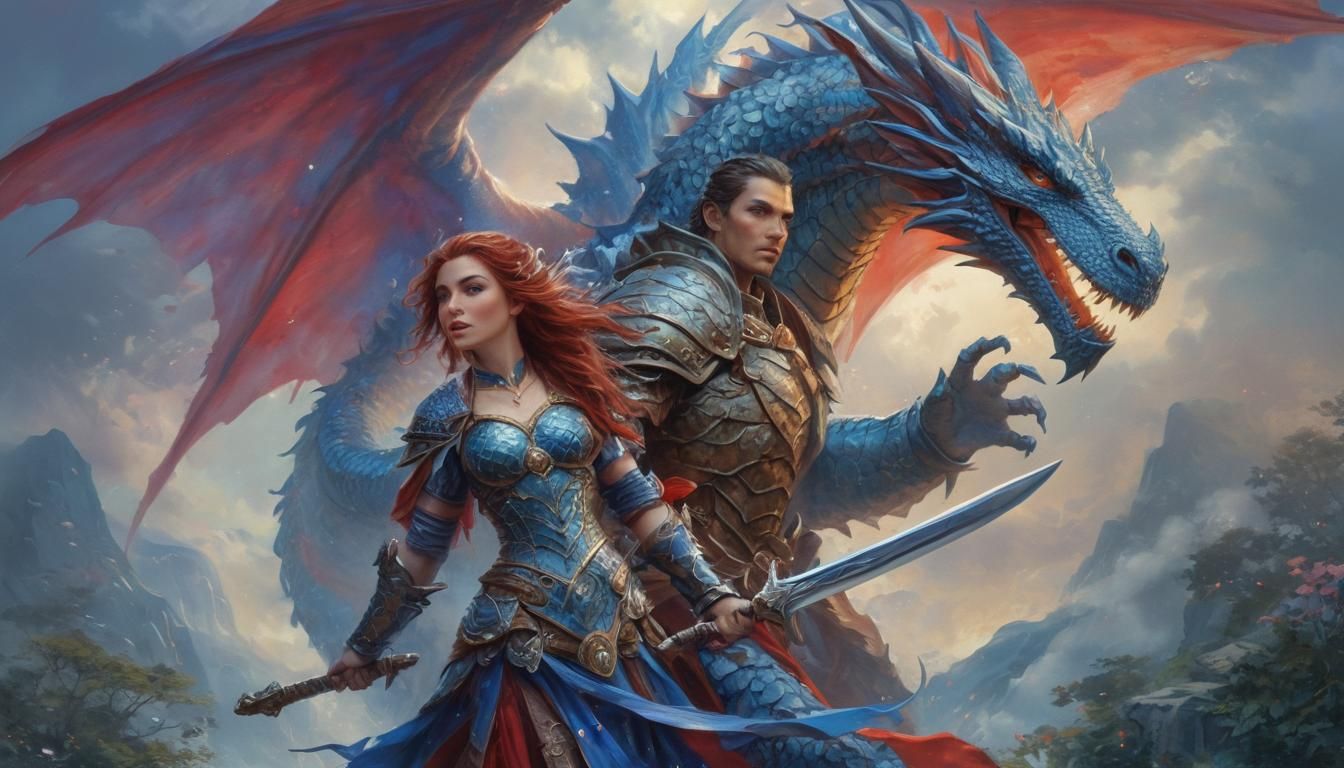 Warrior Woman and Dragon in Watercolour Style