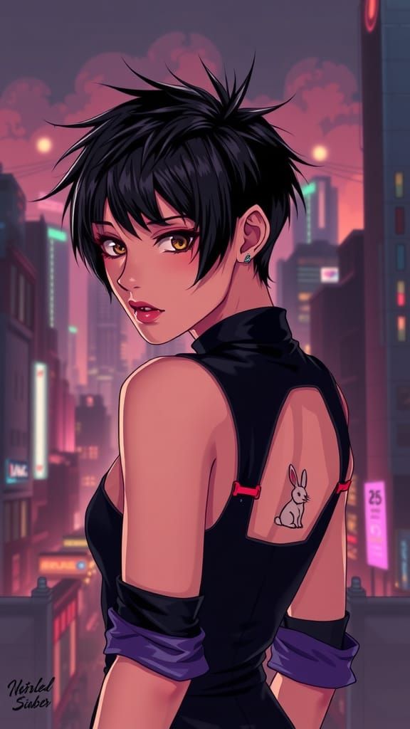 Anime Woman with Rabbit Tattoo in Neon Cityscape