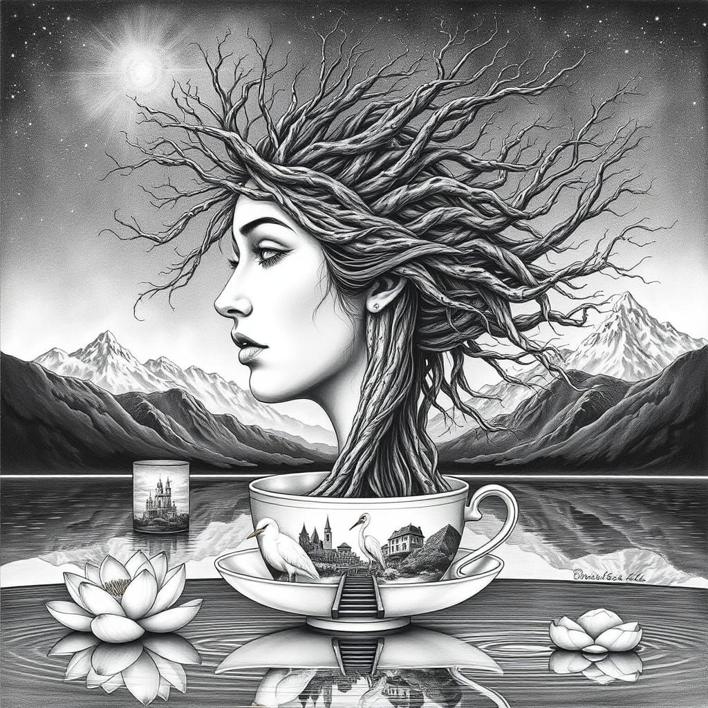 Surreal Black & White Pencil Drawing: Woman's Face with Tree...