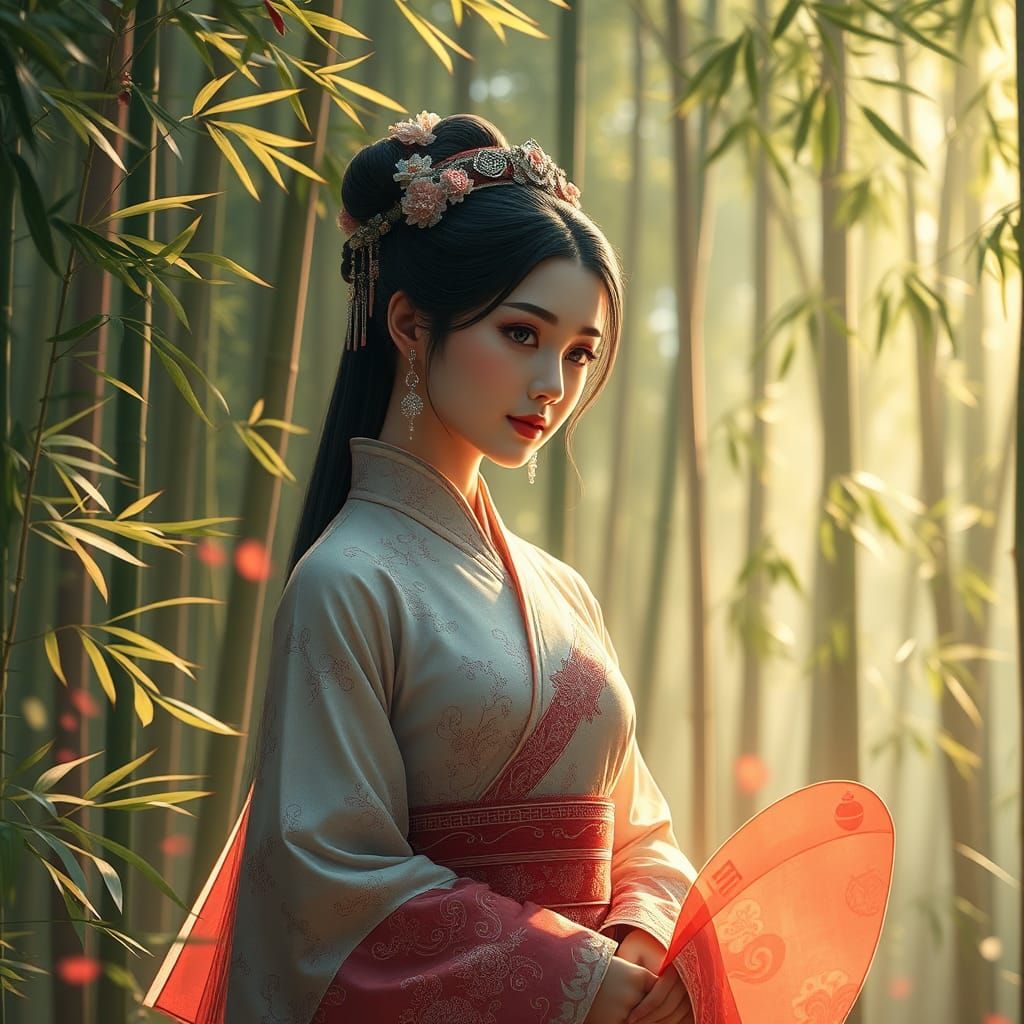 Hanfu Lady in Bamboo Forest, Hyper-Realistic Concept Art