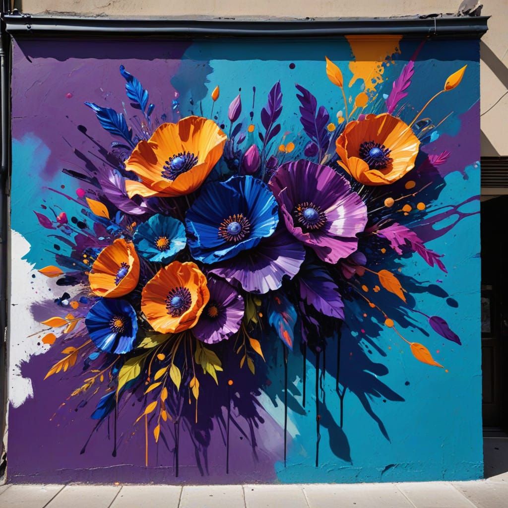 Vibrant Geometric Mural in Abstract Expressionist Style