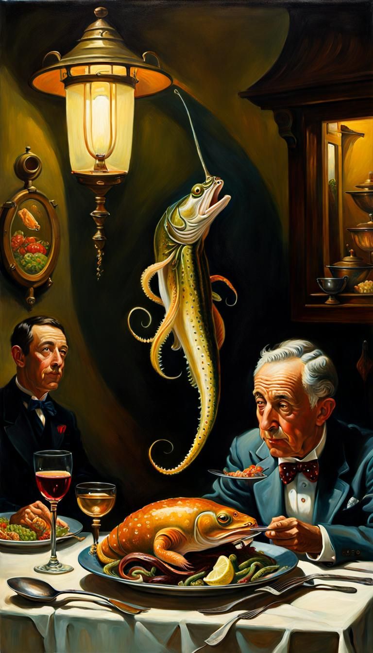 Cuttlefish and Eel Dinner: Rockwell-Inspired Painting
