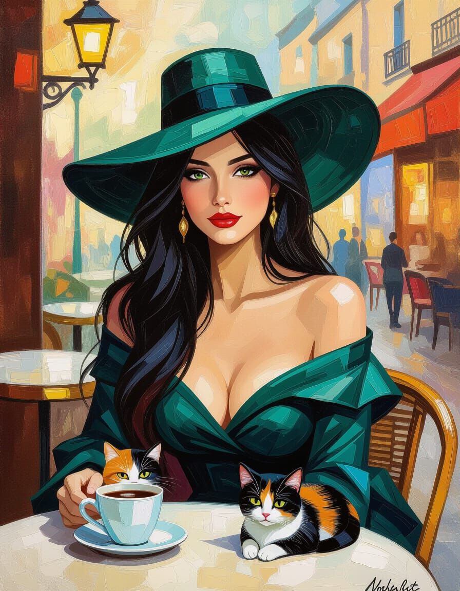 Mysterious Woman in Emerald Hat at Cafe, Impasto Oil Paintin...