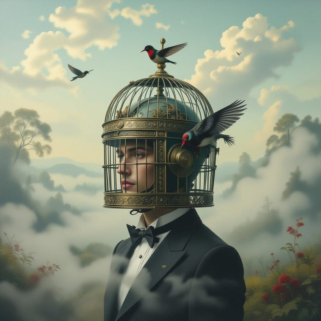 Surreal Birdcage Helmet Dreamscape, Inspired by Masters