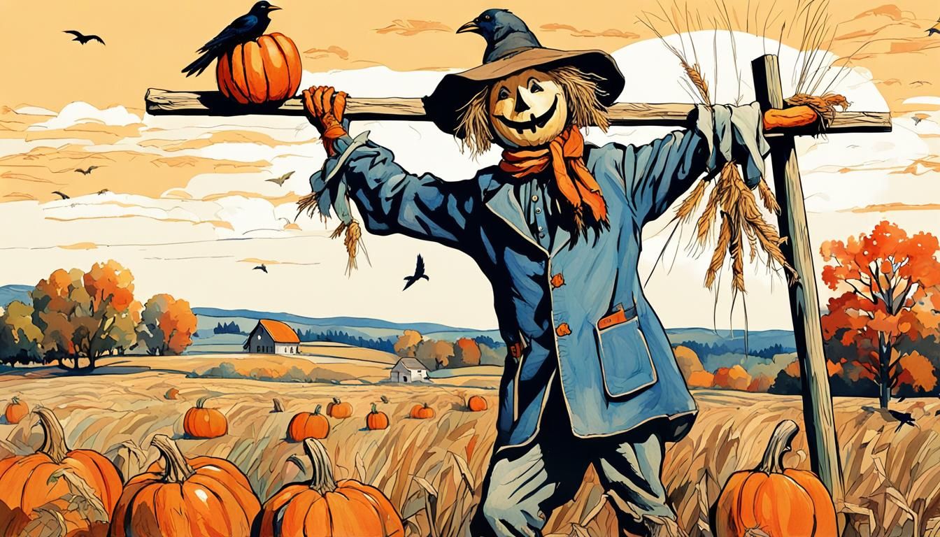 Joyful Scarecrow in Spring Field, Hand-Drawn Illustration