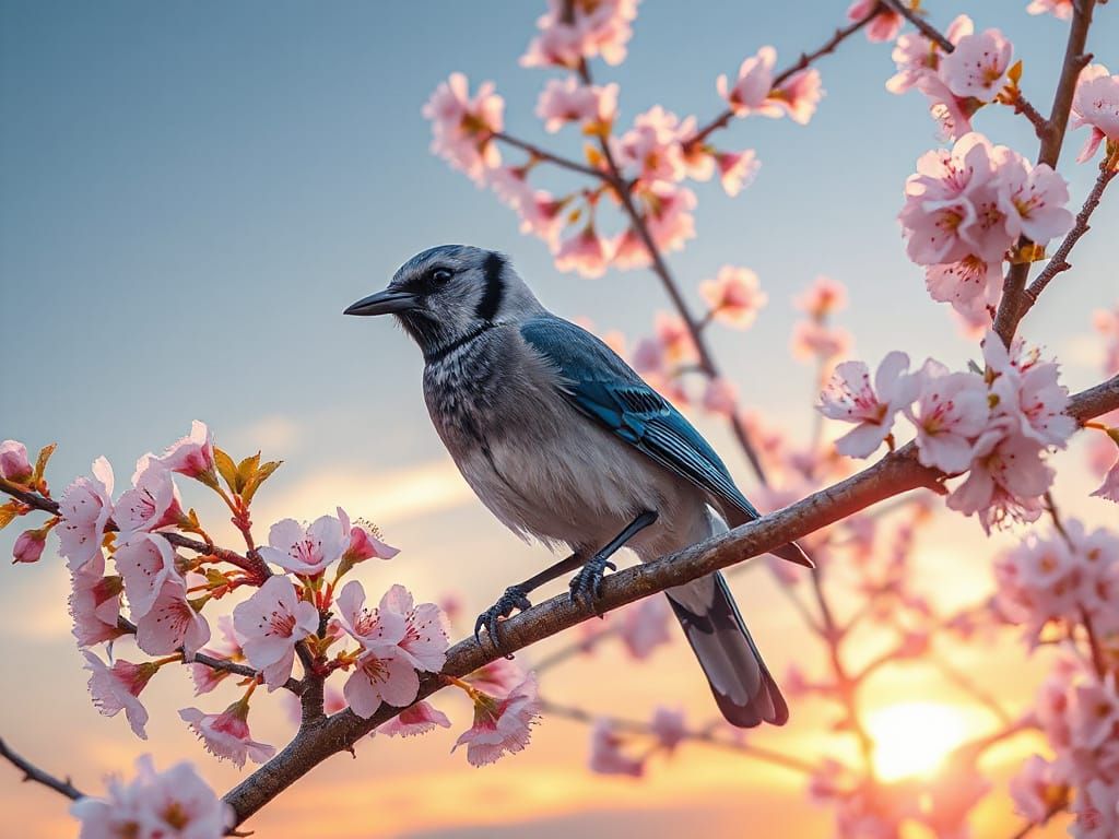 Vibrant Bluejay Sits Amid Cherry Blossoms at Golden Hour