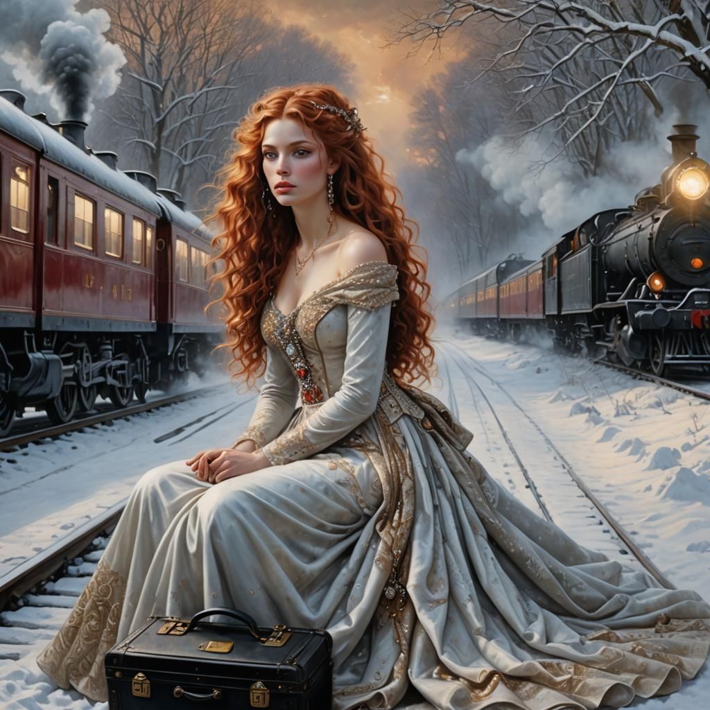 Woman with Red Hair at Snowy Train Station