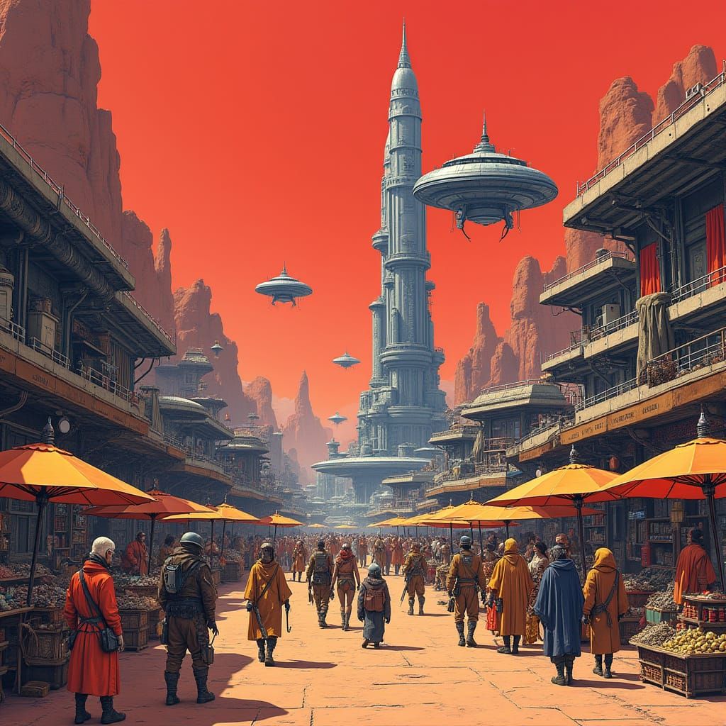 Futuristic Mars Marketplace with Alien Species in Cyberpunk ...