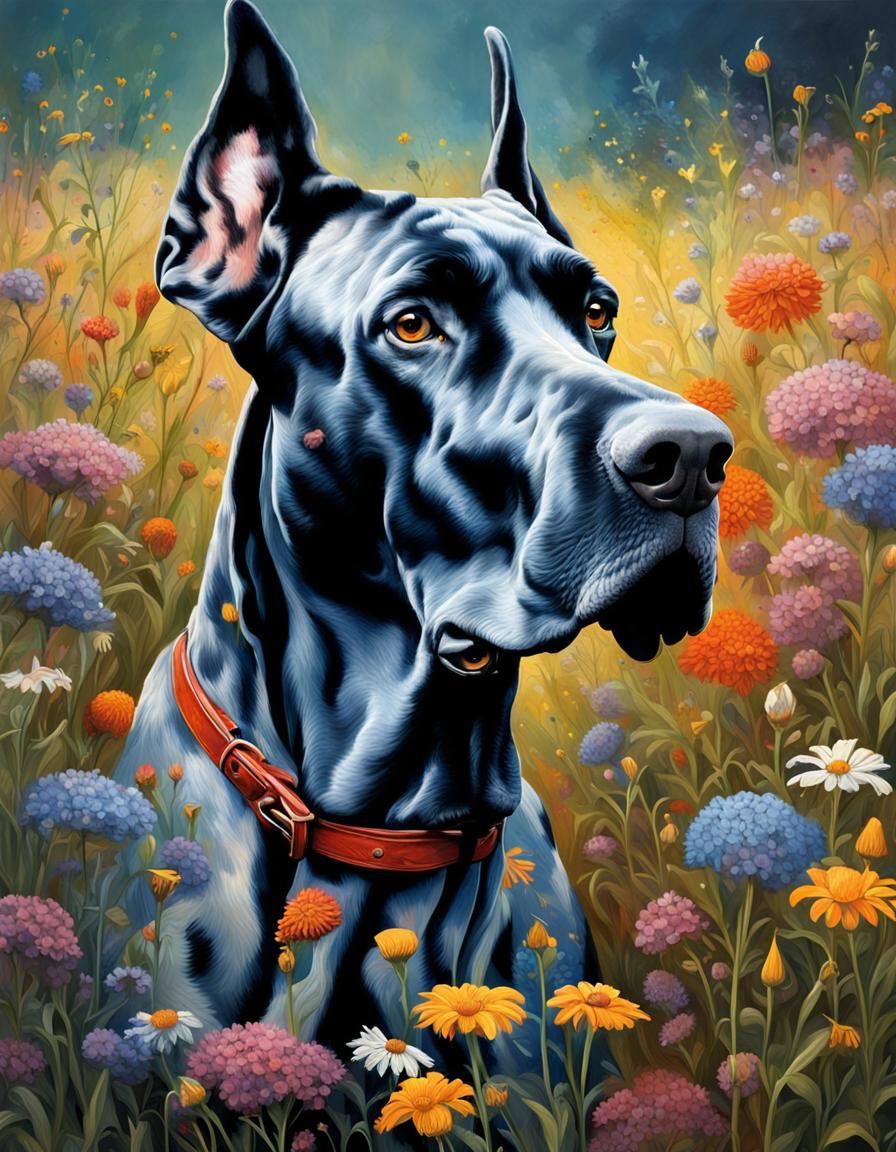 Hyperrealistic Great Dane Portrait in Wildflower Field
