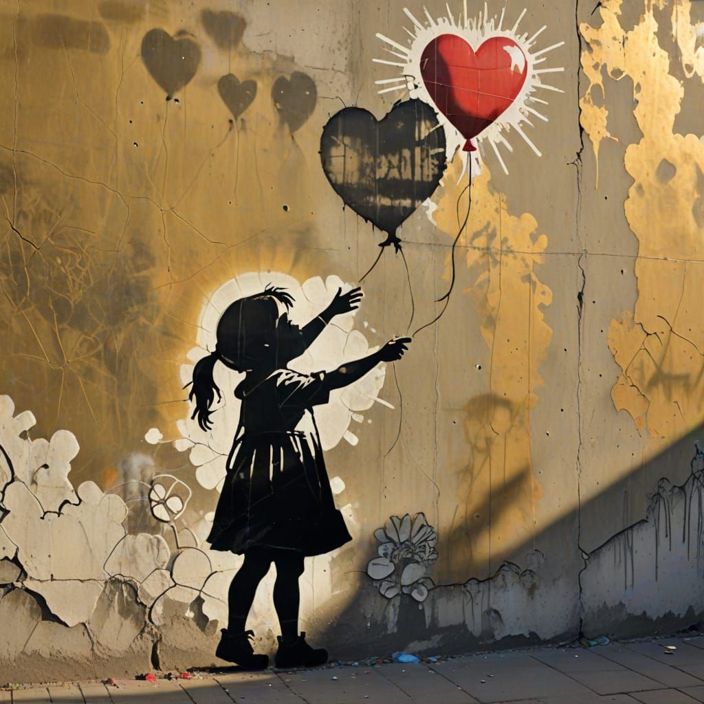 Heart Balloon Stencil Art on Concrete Wall