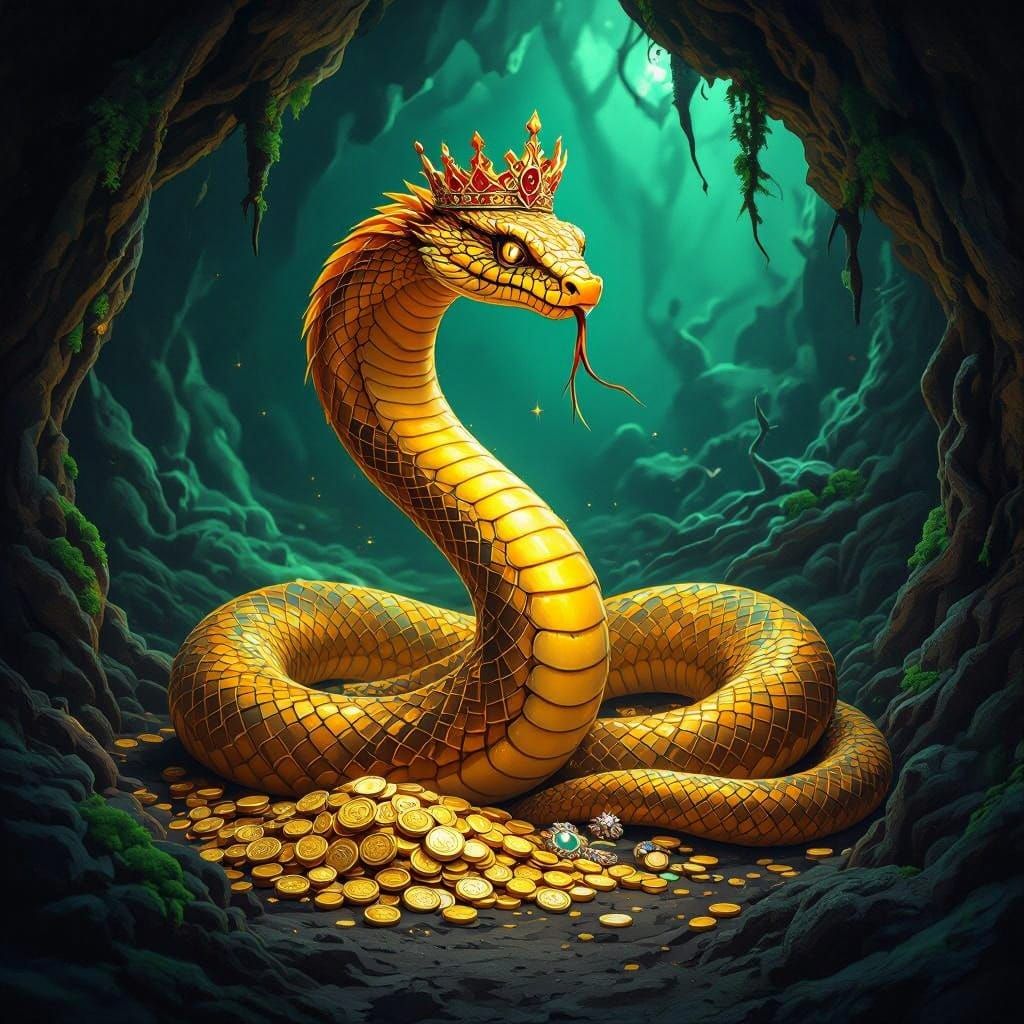 Golden Serpent Unveils Ancient Treasures in Dimly Lit Cavern