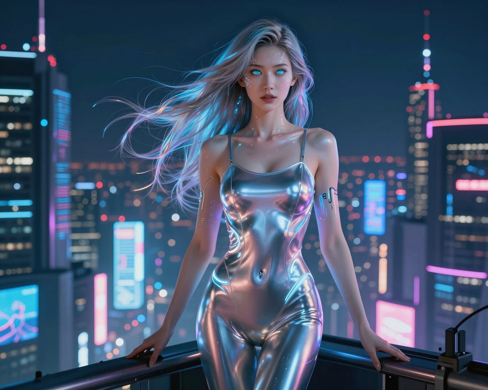 Cyberpunk Metropolis Figure on Skyscraper