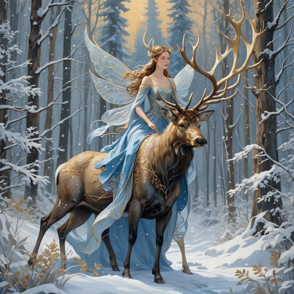 Fairy Riding Elk in Snowy Forest, Fantasy Art