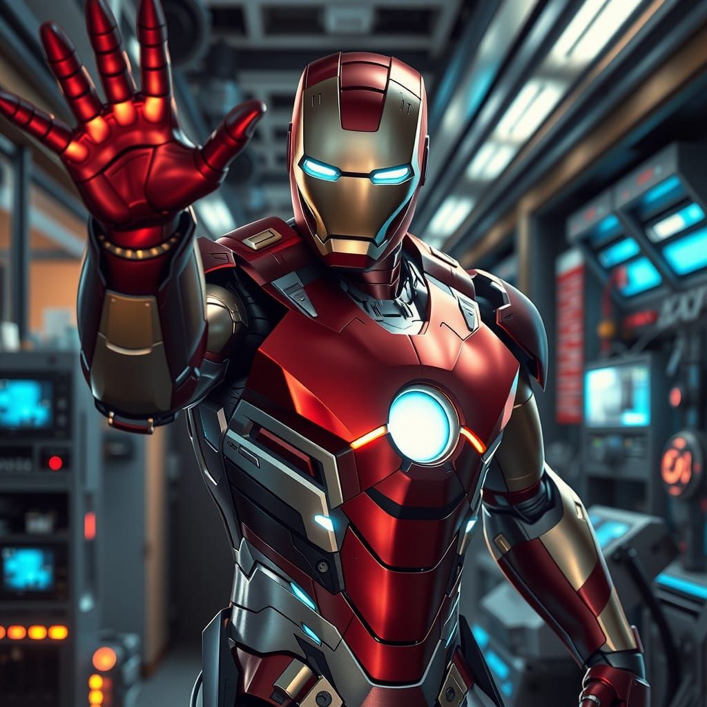 Iron Man in High-Tech Laboratory, Photorealistic Rendering