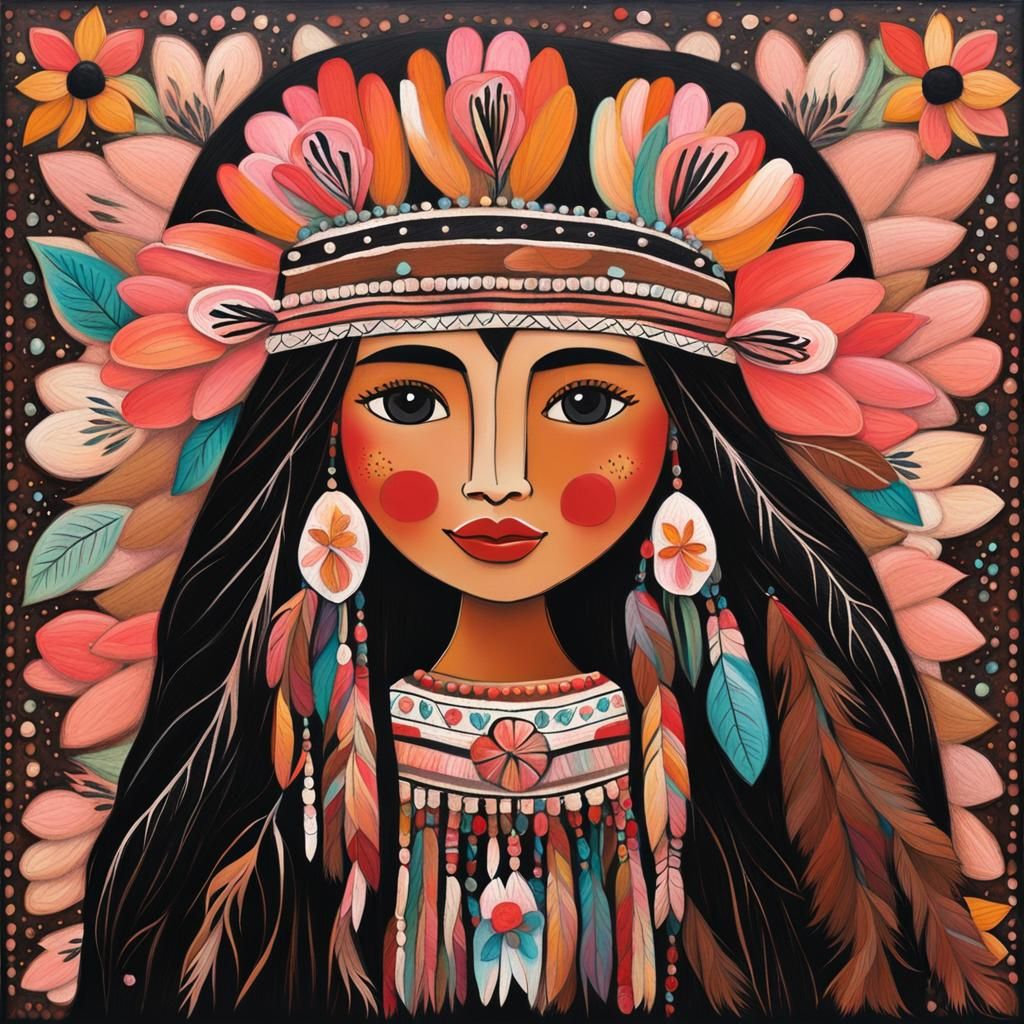 Charming Native American Doll Portrait in Folk Art Style