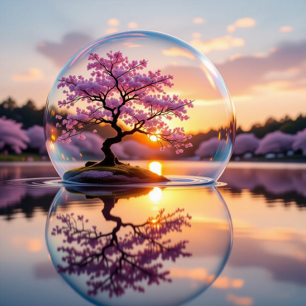 Sakura Tree in Soap Bubble: Double Exposure Art