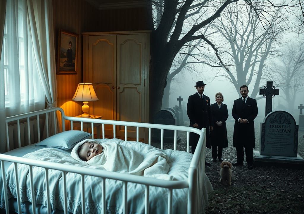 Double Exposure of Serene Baby's Room and Mysterious Graveya...