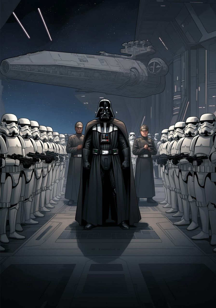 Darth Vader Leads Imperial Forces in a Galactic Hangar