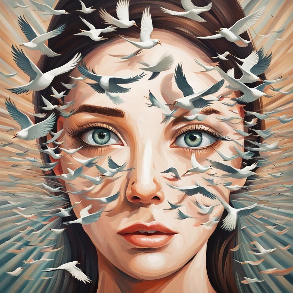 Abstract Bird Formation Creates Woman's Eyes